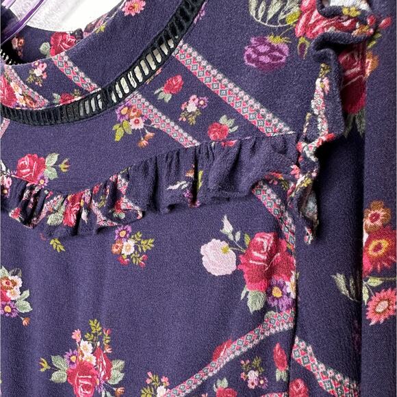 Rahi Cali Purple Multi Color Floral Print 3/4 Sleeve Ruffle Mini Dress XS - Picture 4 of 14